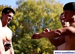 Muscled bungling jocks massaging cocks